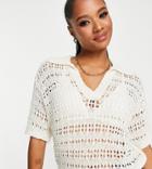 Asos Design Petite Polo Sweater With Open Stitch In Cream-white