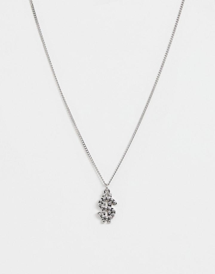 Asos Design Necklace With Dollar Pendant In Silver Tone - Silver