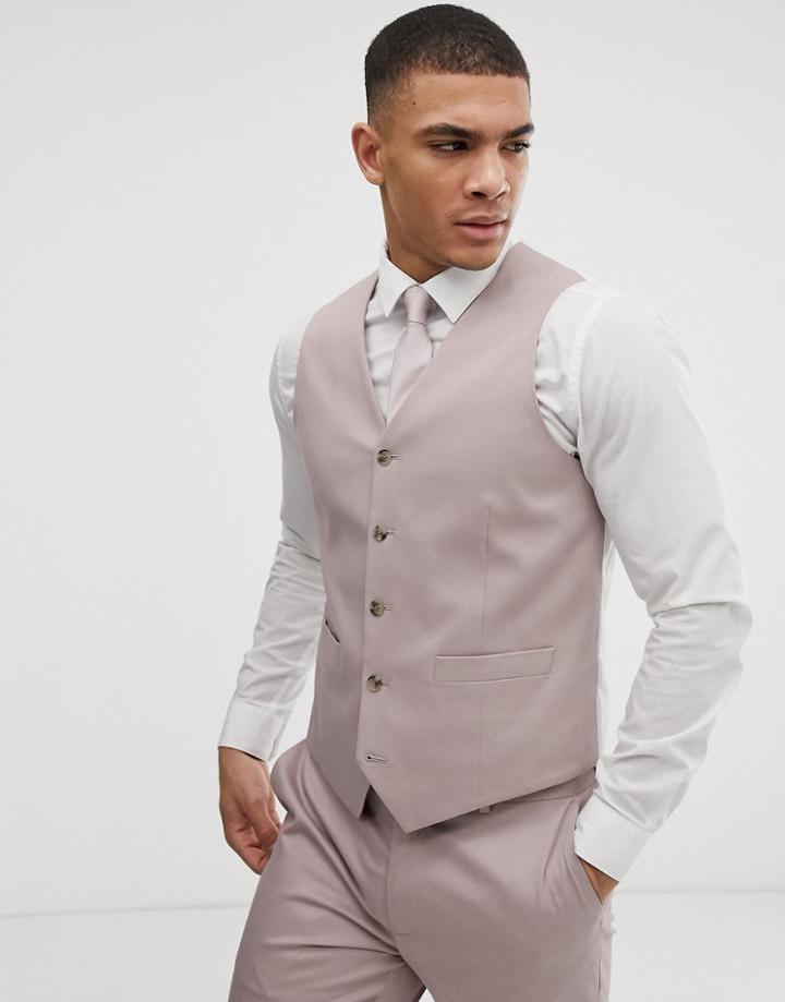 Asos Design Wedding Skinny Stretch Cotton Suit Vest In Mink - Beige