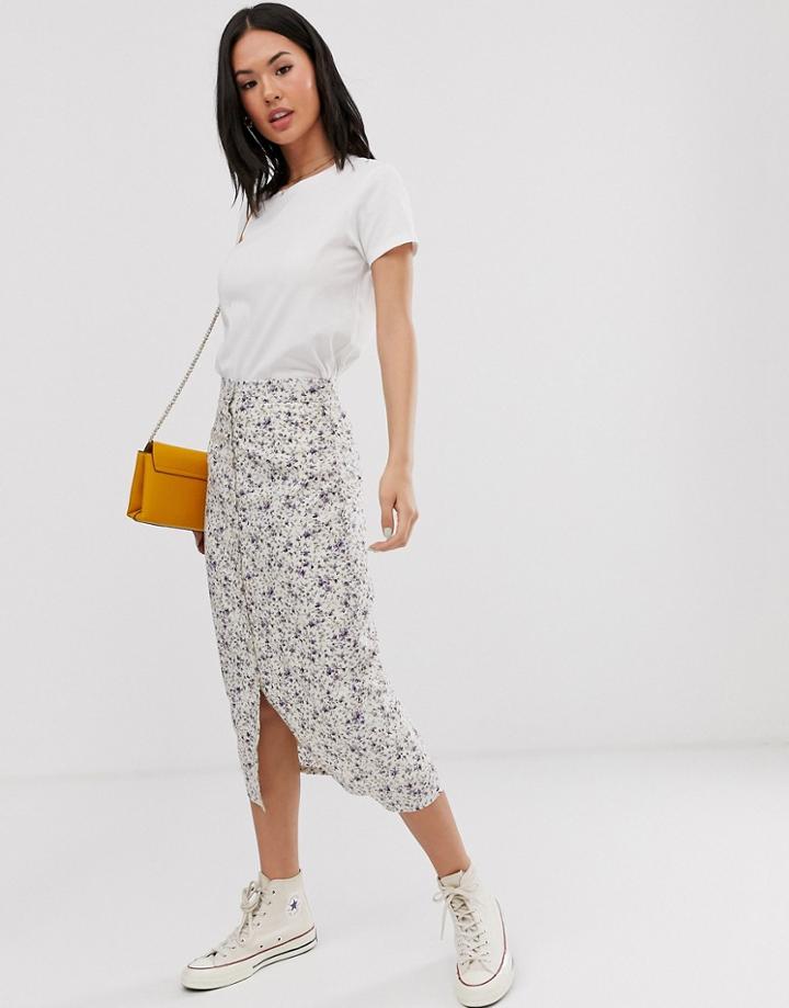 Daisy Street Button Through Midi Skirt In Vintage Ditsy Floral-white