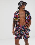 Asos Design Two-piece Swim Short With Bright Floral Print In Mid Length - Black