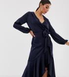 Flounce London Wrap Front Midi Dress In Navy - Navy