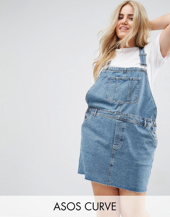 Asos Curve Denim Overall Dress In Midwash Blue - Blue