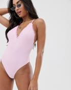 South Beach Ribbed Frill Edge Swimsuit - Purple