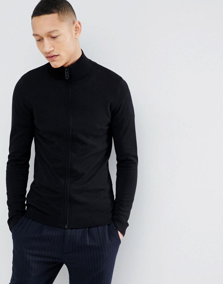 Asos Design Knitted Muscle Fit Track Jacket In Black - Black
