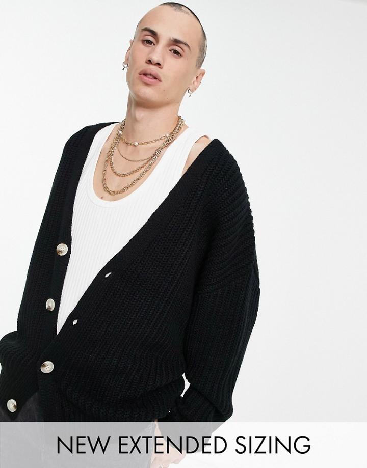 Asos Design Heavyweight Fisherman Rib Cardigan In Black