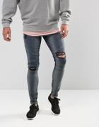 Asos Extreme Super Skinny Jeans In Blue Black With Rips And Biker Detail - Gray