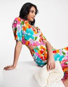 Asos Design Crinkle Button Through Crop Shirt In Bright Floral Print - Part Of A Set-multi