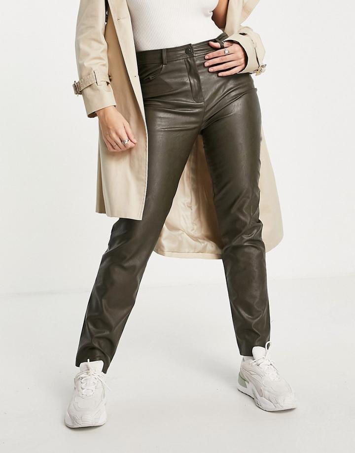 Vila Leather Look Straight Leg Pants In Khaki-green