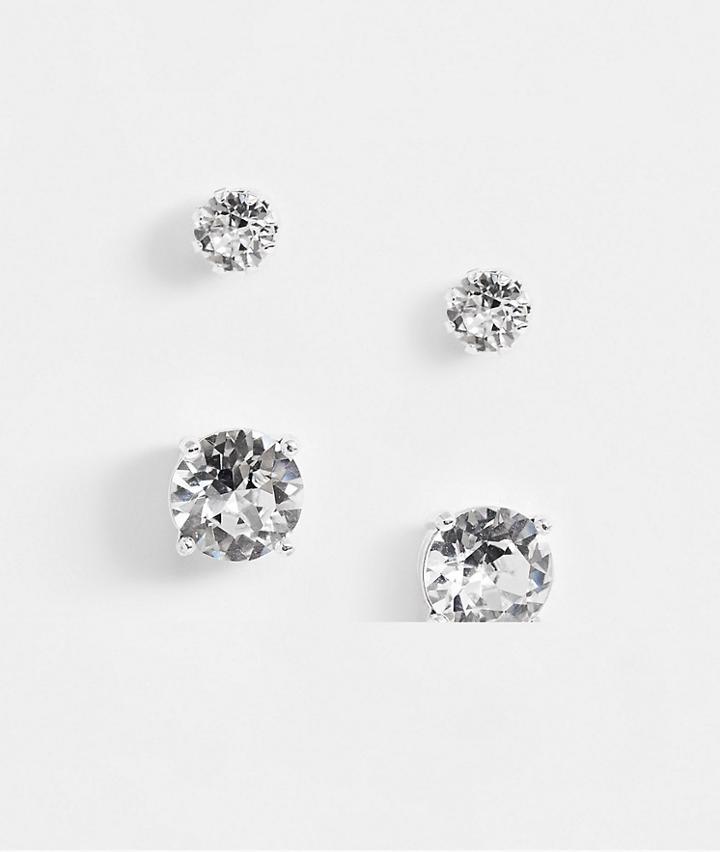 Asos Design 2-pack Stud Earrings Set With Crystal In Silver Tone