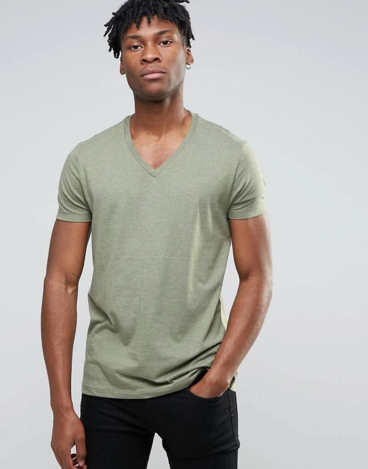 Asos Relaxed Fit T-shirt In Green Marl With V Neck - Green
