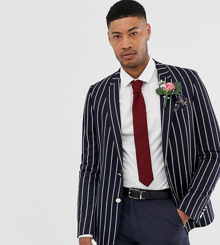 Asos Design Tall Wedding Slim Blazer In Navy Stripe With Gold Buttons - Navy