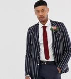 Asos Design Tall Wedding Slim Blazer In Navy Stripe With Gold Buttons - Navy