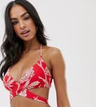 Warehouse Wrap Bikini Top In Tropical Print - Red