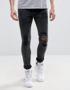 Asos Super Skinny Jeans In Washed Black With Heavy Rips - Black