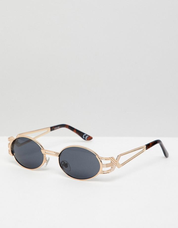 Asos Design Narrow Oval Sunglasses In Gold With Arm Detail - Gold
