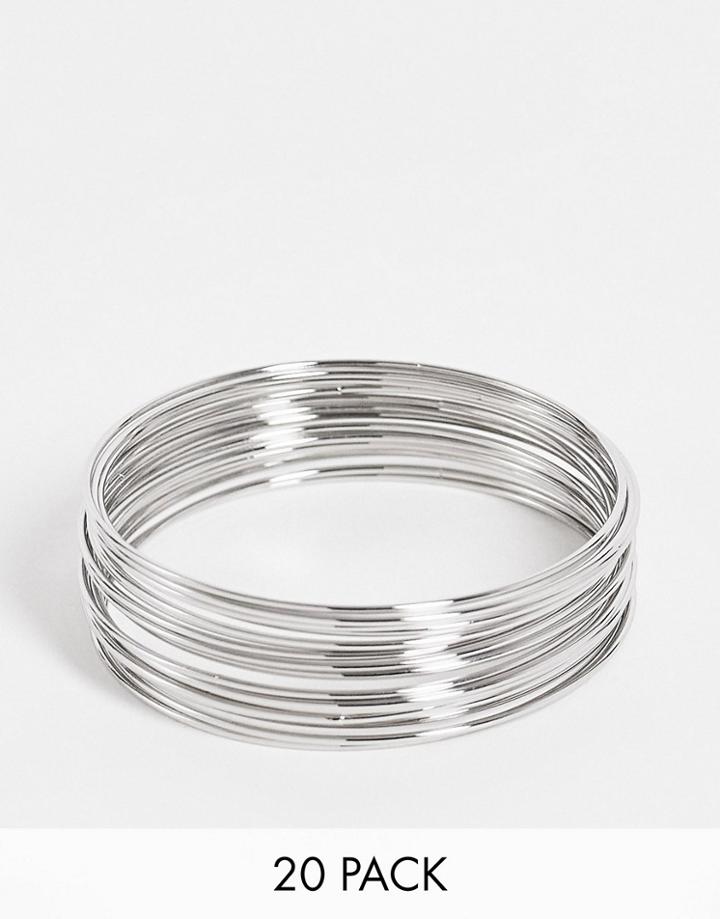 Asos Design Pack Of 20 Fine Bangle Bracelets In Silver Tone