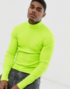 Asos Design Muscle Fit Long Sleeve Roll Neck T-shirt In Rib In Bright Green