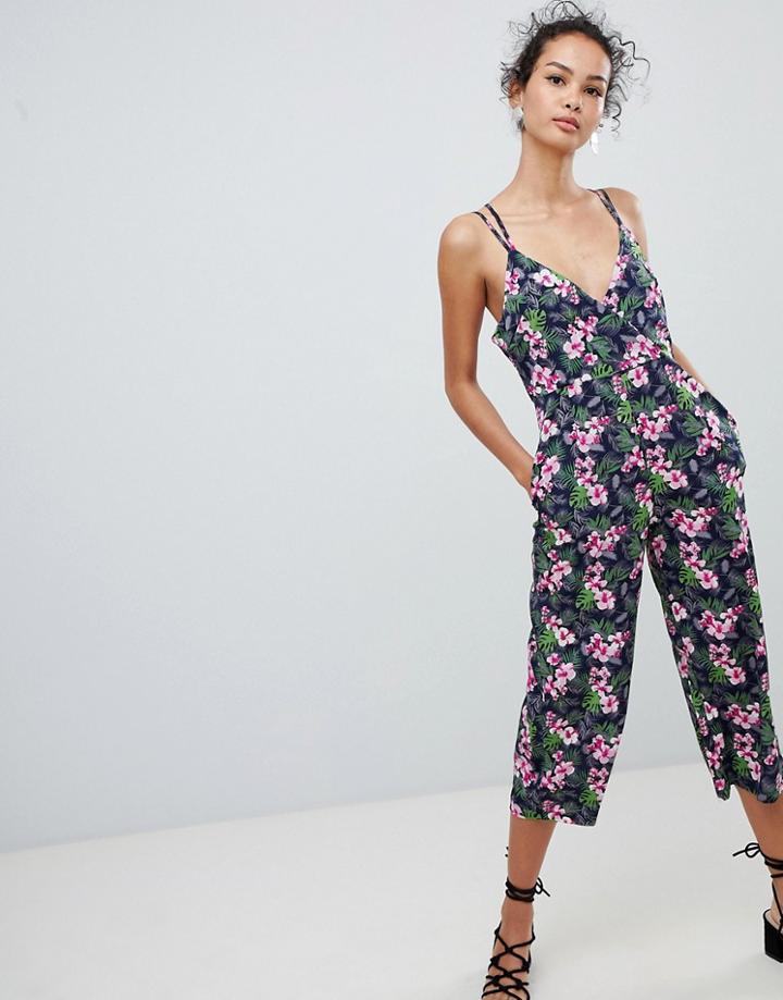 Qed London Cross Back Jumpsuit In Floral Print - Navy
