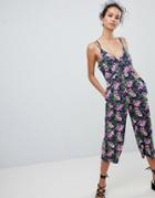 Qed London Cross Back Jumpsuit In Floral Print - Navy