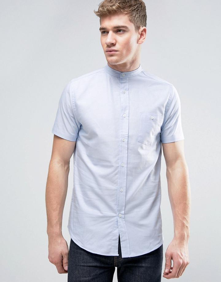Brave Soul Oxford Grandad Short Sleeve Shirt With Pocket - Blue