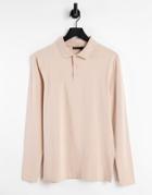 Asos Design Organic Muscle Fit Long Sleeve Jersey Polo In Beige-neutral