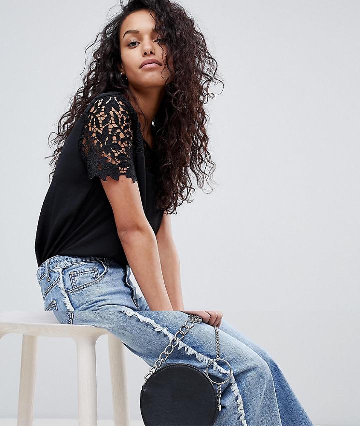 Vila Lace Detail Shell Top - Black