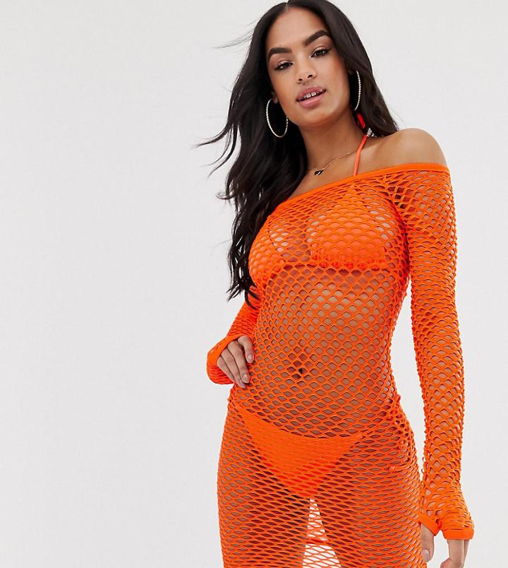 Asos Design Neon Orange Jersey Fishnet Beach Cover Up With Thumb Holes - Orange