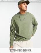 Asos Design Oversized Long Sleeve T-shirt In Khaki Organic Cotton Blend Acid Wash-green