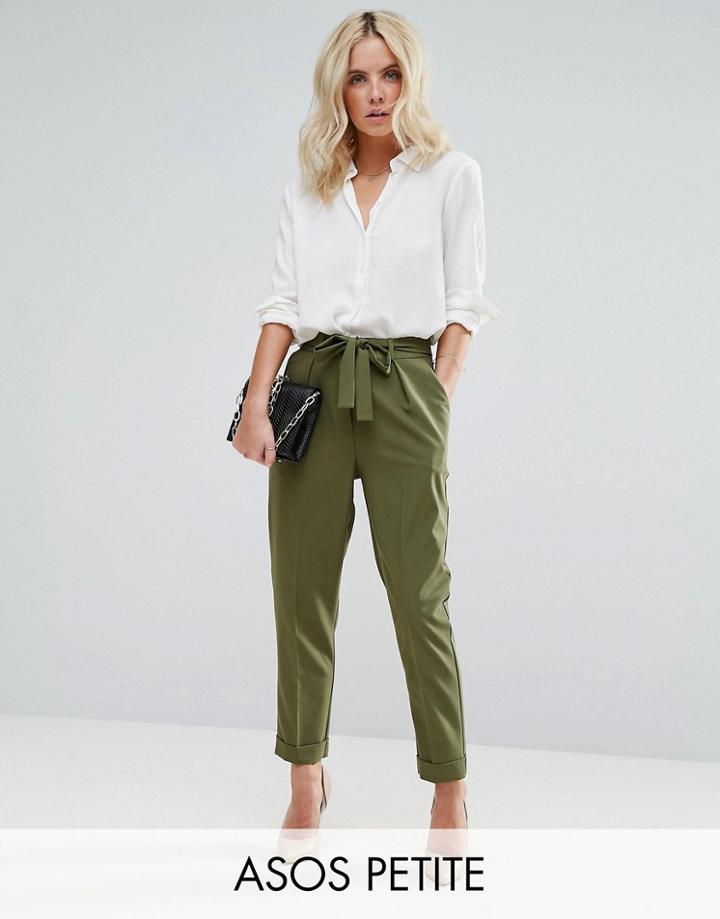 Asos Petite Woven Peg Pants With Obi Tie - Green