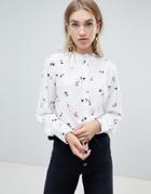 Warehouse High Neck Floral Blouse With Button Front Detail In White - White
