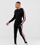 Asos Design Tall Tracksuit Muscle Hoodie/super Skinny Joggers In Black With Side Stripe - Black