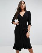 Asos Wrap Front Midi Dress With Frill Detail - Black