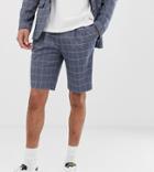 Asos Design Tall Slim Suit Shorts In Linen Blue Check - Blue