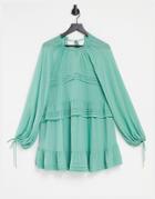 Ever New Tiered Lantern Sleeve Mini Dress With Frill Detail In Sage Green