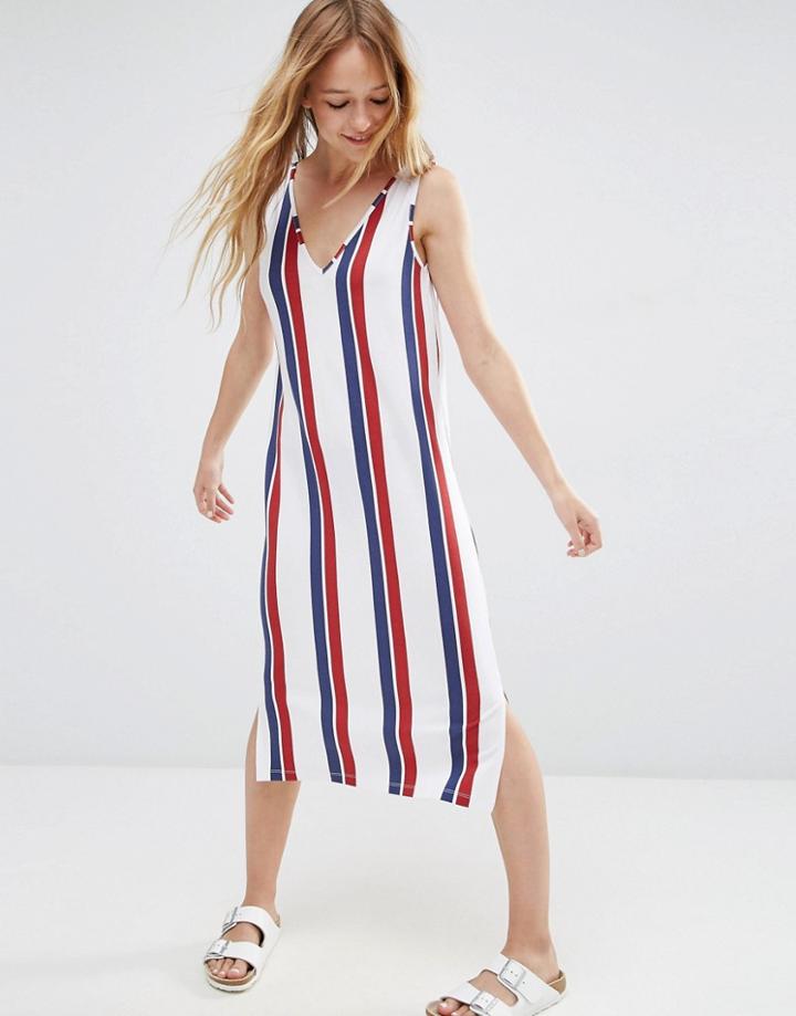 Asos Midi Column Dress In Oxblood And Navy Stripe