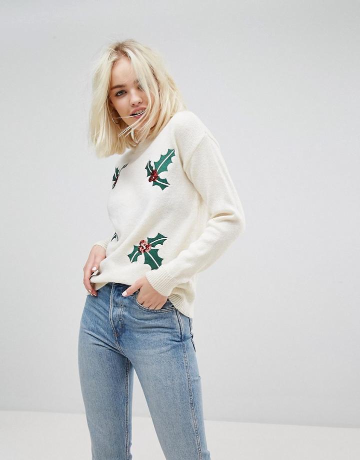 New Look Sequin Embellished Holidays Sweater - Cream