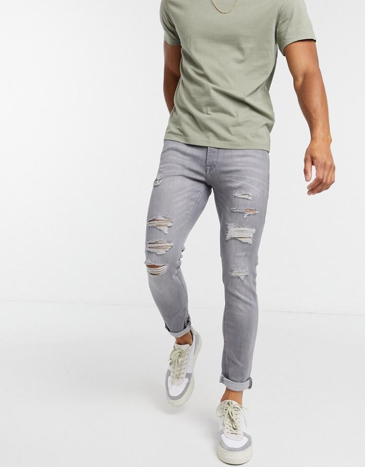 Jack & Jones Intelligence Liam Skinny Fit Ripped Jeans In Light Gray-grey