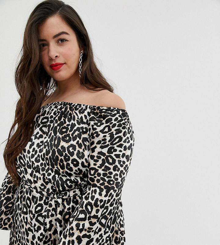 Ax Paris Plus Satin Leopard Bardot Top - Brown