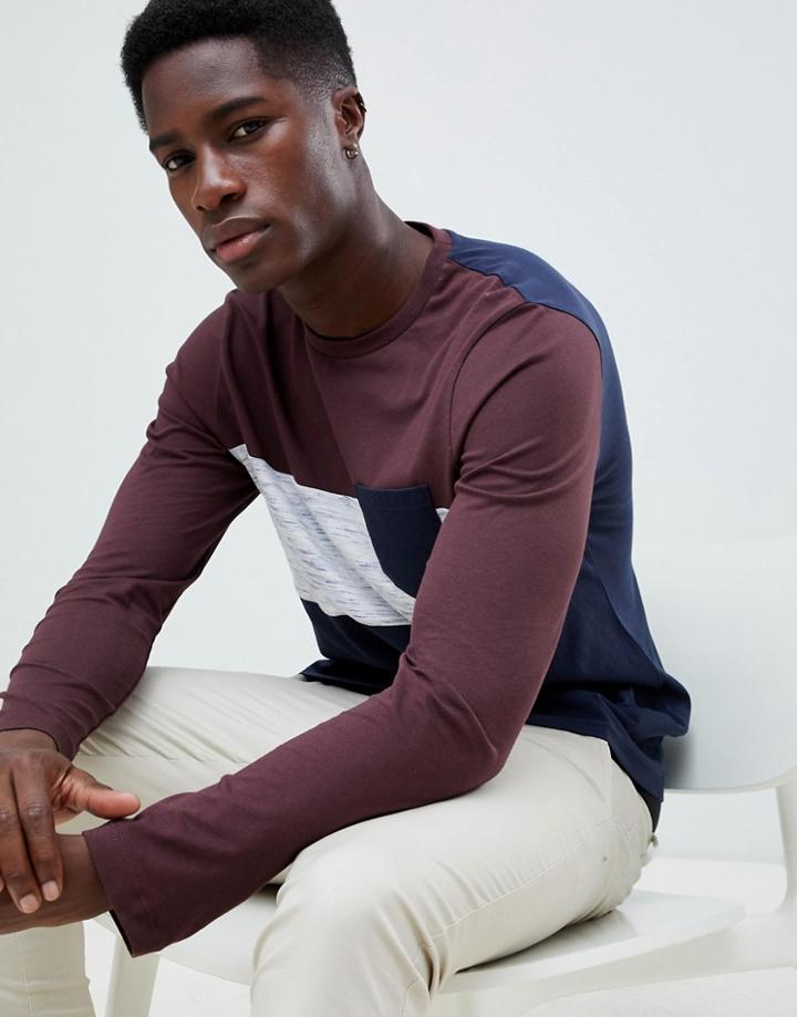 Asos Design Long Sleeve T-shirt With Contrast Panel And Pocket - Red