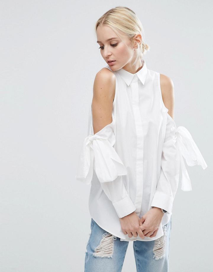 Asos Cotton Shirt With Cold Shoulder & Tie - White
