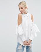 Asos Cotton Shirt With Cold Shoulder & Tie - White