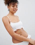 Monki Crochet Ruffle Open Back Bikini Top - White