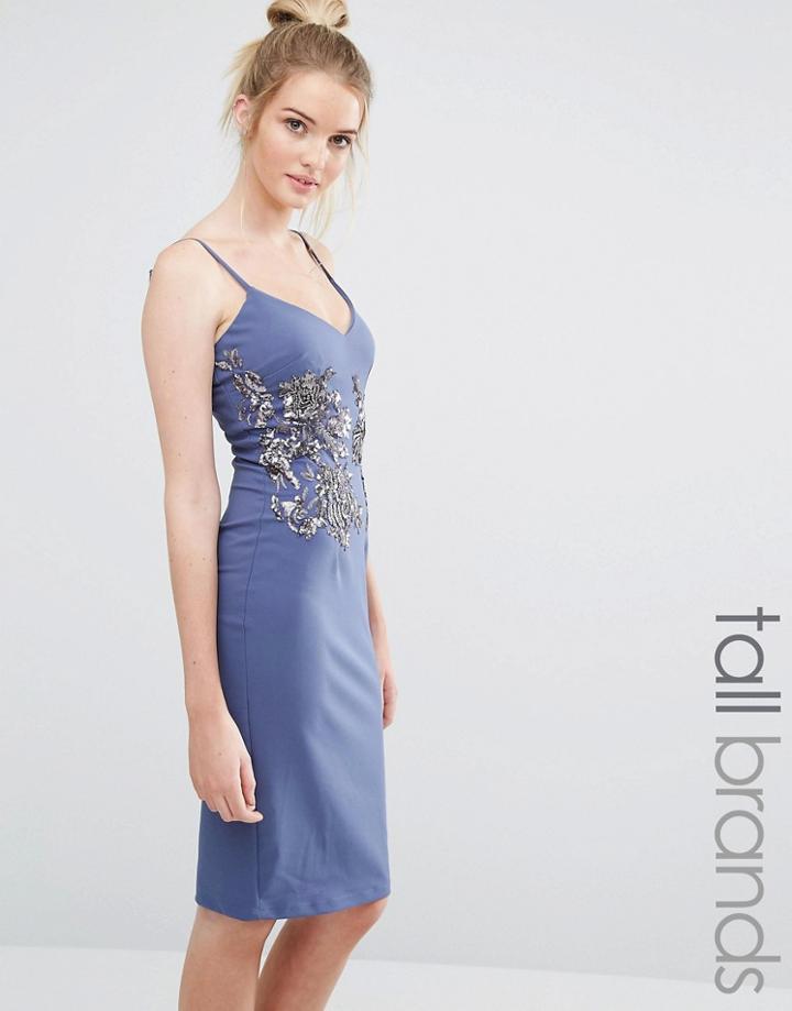 Little Mistress Tall Cami Strap Pencil Dress With Floral Embellishment - Gray