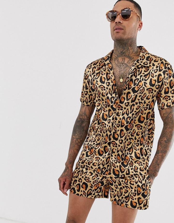 Urban Threads Satin Revere Collar Shirt In Leopard Print - Gold