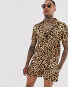 Urban Threads Satin Revere Collar Shirt In Leopard Print - Gold