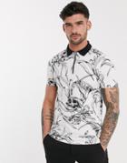 Asos Design Skinny Polo With All Over Skull Print And Zip Neck-white