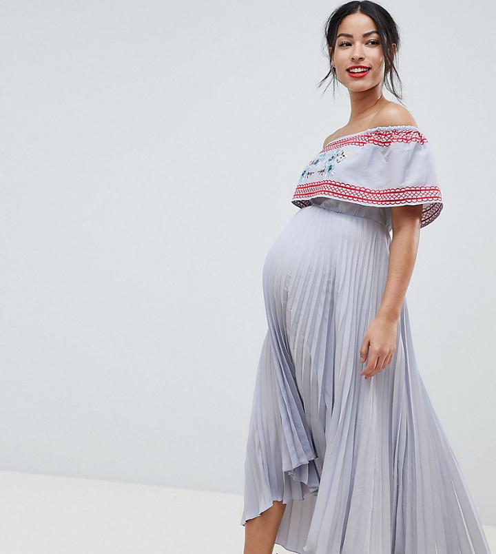 Asos Design Maternity Embroidered Pleated Midi Dress - Blue