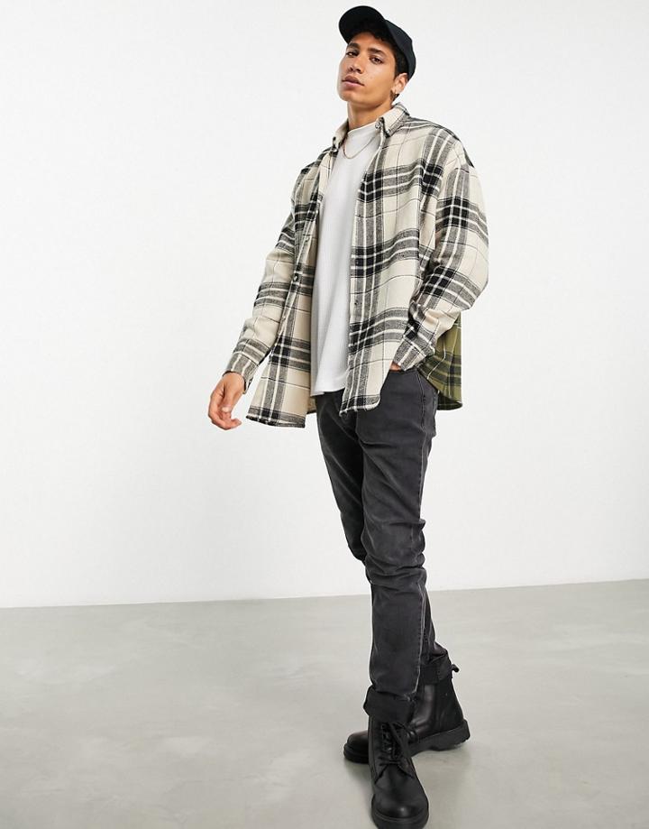 Asos Design Extreme Oversized Check Shirt In Color Block Brushed Flannel-green