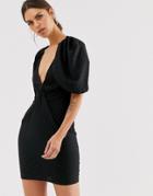 Asos Design Textured Knot Detail Cape Mini Dress - Black